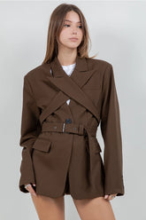 Woven Jacket Blazer w/ Detachable Wrap Around Belt